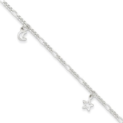 9 Inch Star and Moon &amp; Extension Anklet Sterling Silver Polished QG3157-9, MPN: QG3157-9, 886774988…