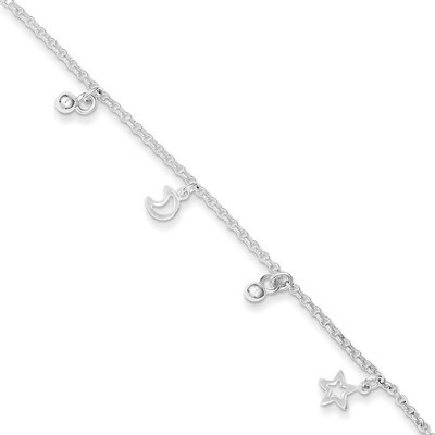 9 Inch Bead Star &amp; Moon &amp; Extension Anklet Sterling Silver Polished QG3133-9, MPN: QG3133-9, 886774…