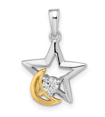 Gold-Plated Star and Moon CZ Diamond Pendant Sterling Silver Rhodium-Plated QC11020, MPN: QC11020,