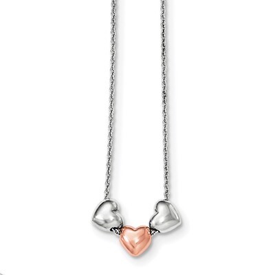 Rose-tone Polished Hearts with .75 ext Necklace 18 Inch Sterling Silver Rhodium QG4044-18, MPN: QG4…
