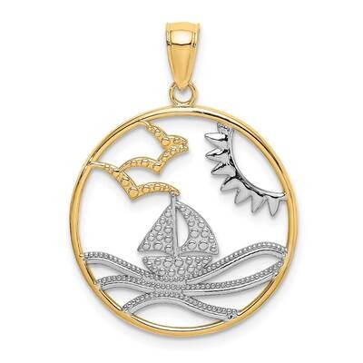 Sun Sailboat Water Seagulls In Round Frame Charm 14k Gold Rhodium K9430, MPN: K9430, 637218136971