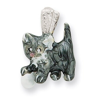 Silver Enamel Grey &amp; White Cat Pendant playing with Ball Sterling Silver QC6394, MPN: QC6394, 88395…