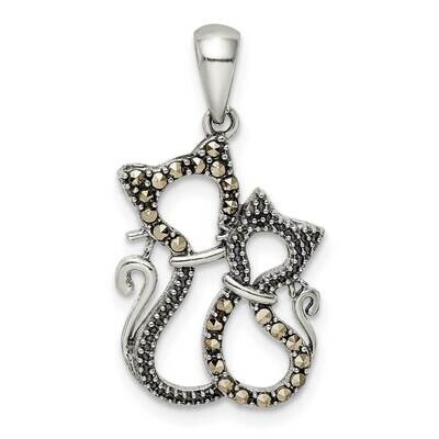 Marcasite Cats Pendant Sterling Silver Antiqued Polished QC11059, MPN: QC11059,