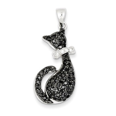 Black &amp; White Diamond Cat with Bow Pendant Sterling Silver QP2112, MPN: QP2112, 886774201818