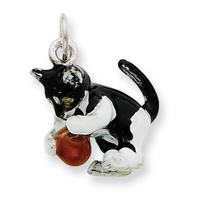 Silver Enamel Cat Playing with Red Ball Charm Sterling Silver QC6395, MPN: QC6395, 883957479125