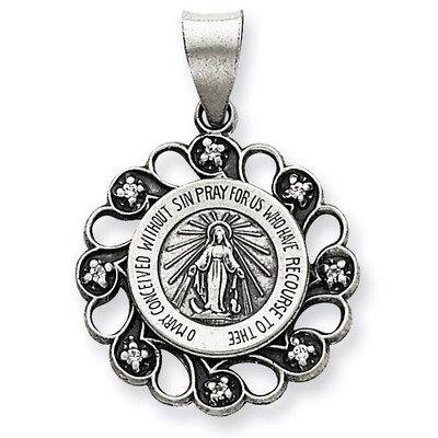 Diamond Antiqued Blessed Mother Pendant Sterling Silver QC5592, MPN: QC5592, 191101183386