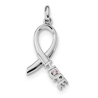 Pink CZ Diamond Hope Awareness Ribbon Pendant Sterling Silver Rhodium-plated QC9221, MPN: QC9221, 1…