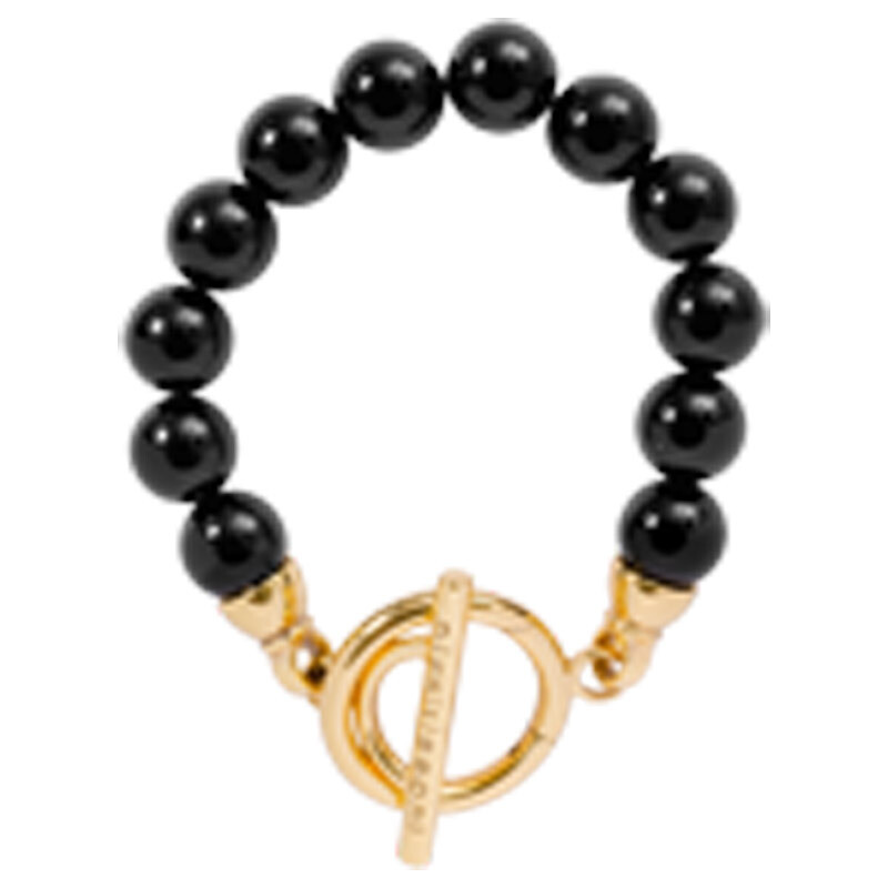 Nikki Lissoni Bracelet with Smooth Round Black Onyx Beads of 10mm Gold-Plated T-Bar Closure 17cm 6.…