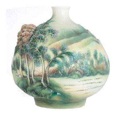 Franz Porcelain Nizan Painting Cottage River and Bamboo Vase CP00035, MPN: CP00035,