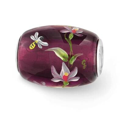 Purple Hand Painted Magnolias Fenton Glass Bead Sterling Silver QRS3645, MPN: QRS3645, 19727654014