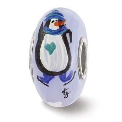 Blue Penguins Fenton Glass Bead Sterling Silver Hand Painted QRS3612, MPN: QRS3612, 19727651082