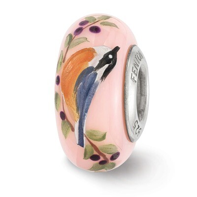 Pink Hand Painted Nuthatch Fenton Glass Bead Sterling Silver QRS3586, MPN: QRS3586, 19727646453