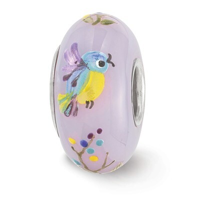 TJ Bird Floral Fenton Glass Bead Sterling Silver Hand Painted QRS3632, MPN: QRS3632, 19727643537