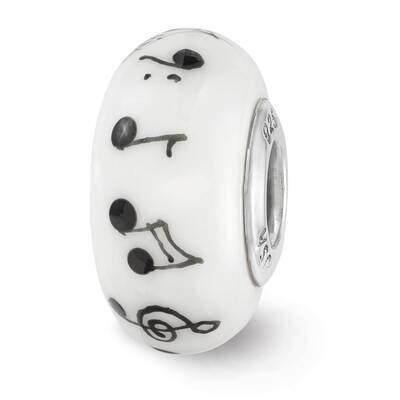 White Hand Painted Music Notes Fenton Glass Bead Sterling Silver QRS3629, MPN: QRS3629, 19727636201