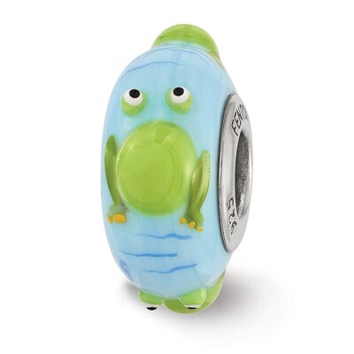 Blue Green Frog Fenton Glass Bead Sterling Silver Hand Painted QRS3587, MPN: QRS3587, 19727639127