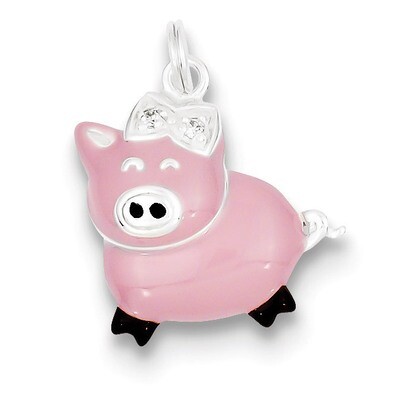 Cubic Zirconia Pink Enameled Polished Pig Charm Sterling Silver QC6815, MPN: QC6815, 883957571034
