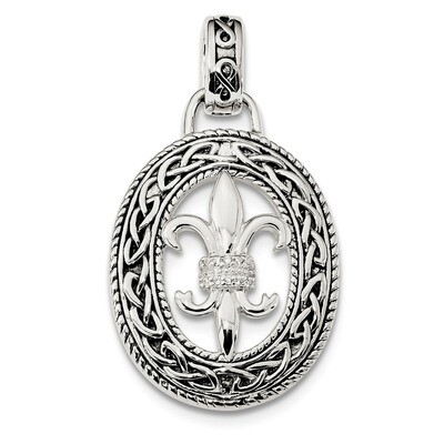 CZ Diamond Antiqued Filigree Fleur de Lis Pendant Sterling Silver QP5016, MPN: QP5016, 883957328386