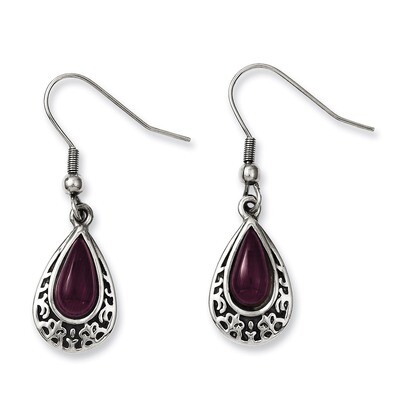 Antiqued &amp; Purple Cats Eye Teardrop Dangle Earrings - Stainless Steel SRE595 by Chisel, MPN: SRE595…