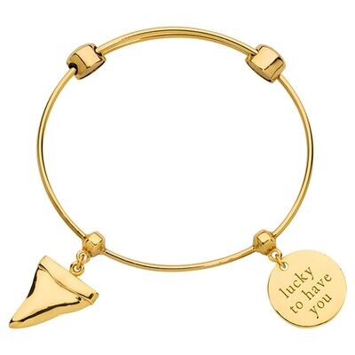 Nikki Lissoni Charm Bangle with Two Fixed Charms Lucky Shark Tooth Lucky To Have You Gold-plated 21…