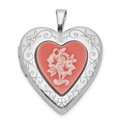 20mm Polished Pink Resin Cameo Flower Heart Locket Sterling Silver QLS896, MPN: QLS896, 886774094656