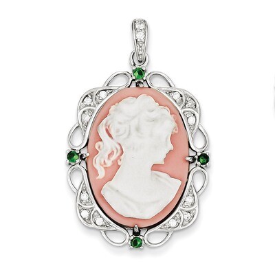 Clear &amp; Green Diamond and Plastic Cameo Pendant Sterling Silver QP1263, MPN: QP1263, 883957958521