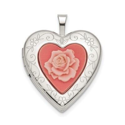 20mm Pink Resin Rose Cameo Heart Locket Sterling Silver QLS781, MPN: QLS781, 886774097107