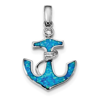 Blue Created Opal &amp; CZ Diamond Anchor Pendant Sterling Silver Rhodium-plated QP4870, MPN: QP4870, 8…