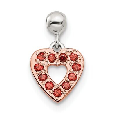 Rose Tone with Red CZ Diamond Dangle Heart Charm Sterling Silver Mio Memento QMM185, MPN: QMM185,
