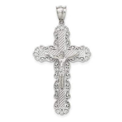 Textured Large Floral Cross with Jesus Pendant Sterling Silver Polished QC8324, MPN: QC8324, 191101…