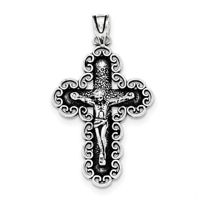 Antiqued Filigree Cross INRI Crucifix Pendant Sterling Silver QC8330