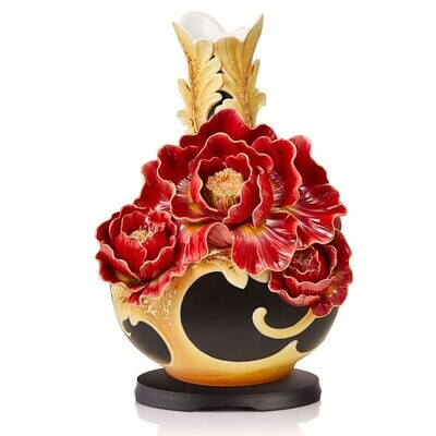 Franz Porcelain Striking Vermillion Peony Flower Design Sculptured Porcelain Round Vase With Wooden…