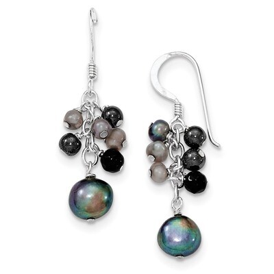 Black Cultured Pearls &amp; Onyx Dangle Earrings Sterling Silver QE2013, MPN: QE2013, 191101187810