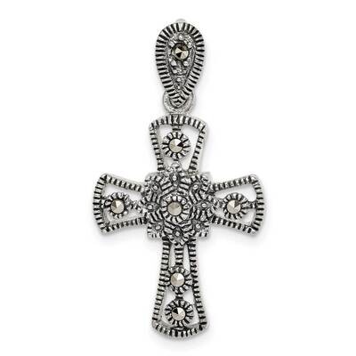 Marcasite Flower Cross Pendant Sterling Silver Antiqued QC9367, MPN: QC9367,