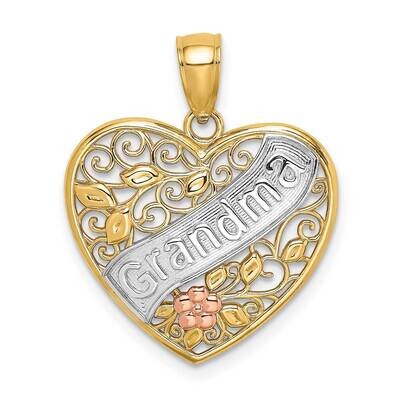 Grandma In Filigree Heart with Flowers Charm 14k Tri-Color Gold K9561, MPN: K9561, 637218166978
