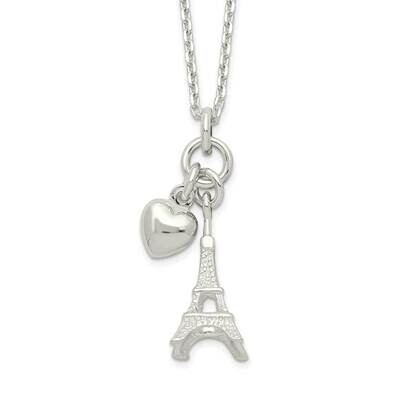 Eiffel Tower &amp; Heart Necklace 16.75 Inch Sterling Silver Polished QG6155-16.75, MPN: QG6155-16.75, …