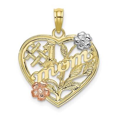 Yellow Rose Gold with Rh #1 Mom Heart with Flower Charm 10k Gold 10K9141, MPN: 10K9141, 63721817708