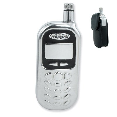 4Oz Cell Phone Flask with Black Faux Leather Case Stainless Steel GL8855