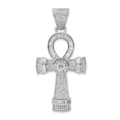 CZ Diamond Ankh Cross Pendant Sterling Silver Rhodium-Plated Polished QC11165, MPN: QC11165,