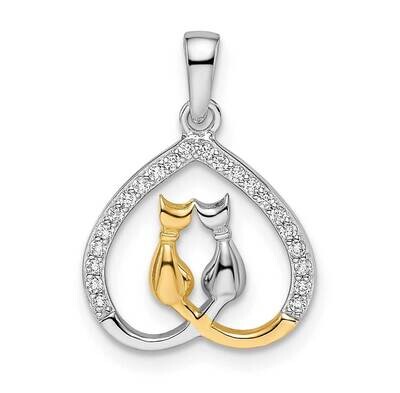 Gold-Plated CZ Diamond Heart with Two Cats Pendant Sterling Silver Rhodium-Plated QC11058, MPN: QC1…