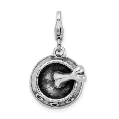 Sterling Silver 3-D Dog Bowl &amp; Bone with Lobster Clasp Charm QCC880/13MM