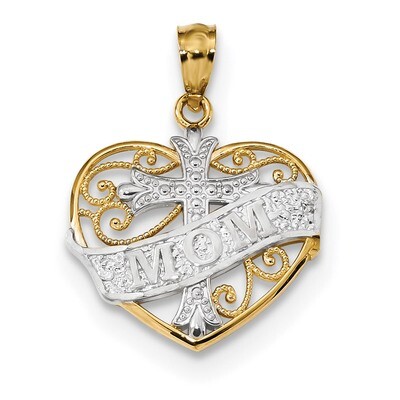 Mom &amp; Cross Inside Filigree Heart Pendant 14k Gold &amp; Rhodium K5897, MPN: K5897, 883957327594