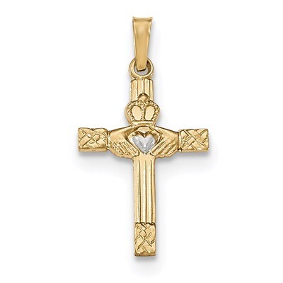Polished Claddagh Cross Pendant 14k Gold &amp; Rhodium XR1467, MPN: XR1467, 191101456572