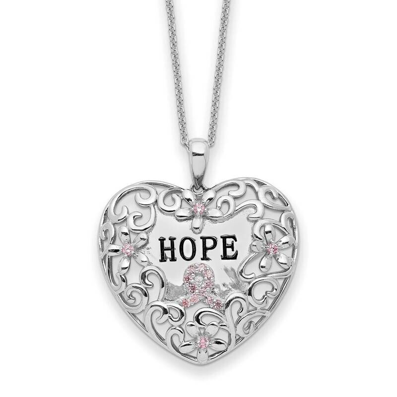 Pink CZ Diamond Breast Cancer Heart 18 Inch Necklace Sterling Silver QSX743