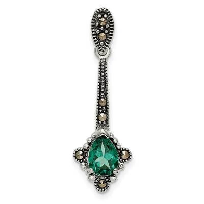 Marcasite &amp; Lab Created Green Quartz Pendant Sterling Silver Antiqued QP5579, MPN: QP5579,