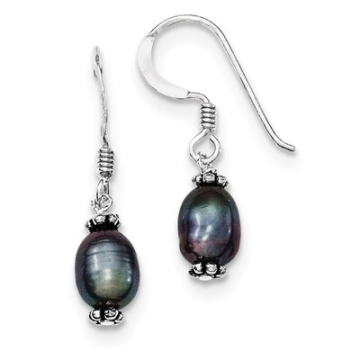 Black Cultured Pearl Dangle Earrings Sterling Silver QE2017, MPN: QE2017, 191101187827