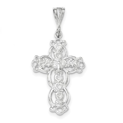 Polished &amp; Textured Hearts on Cross Pendant Sterling Silver QC8241