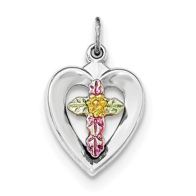 Enameled Flowers on Cross Heart Pendant Sterling Silver QC8438