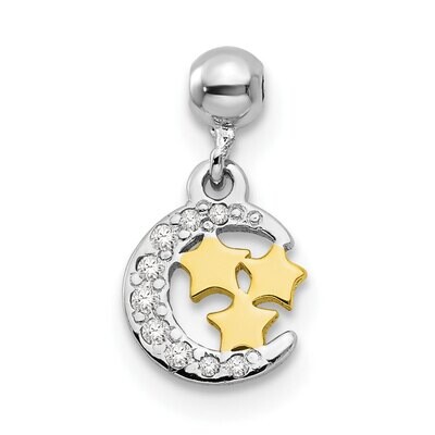 CZ Diamond Moon Charm Sterling Silver Rhodium &amp; Gold Tone QMM179, MPN: QMM179,