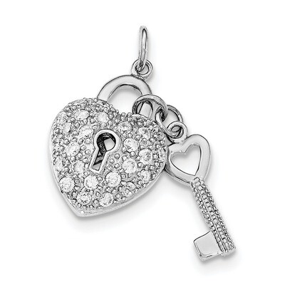 CZ Diamond Heart Lock &amp; Key Pendant Sterling Silver Rhodium-plated QC8515, MPN: QC8515, 191101361654