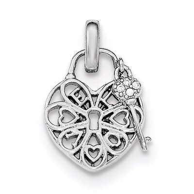Heart Lock &amp; Key with CZ Diamond Pendant Sterling Silver Rhodium-plated QC8514, MPN: QC8514, 191101…